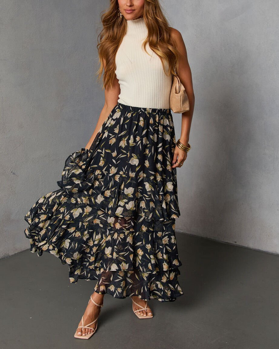 BLACK-FLORAL SKIRT