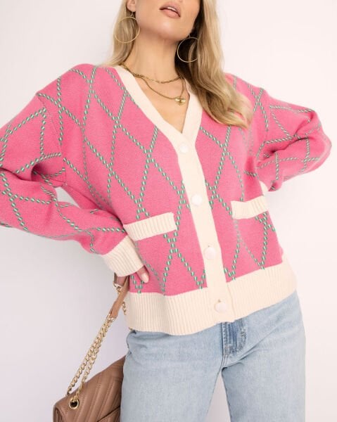 PINK-ECRU-PLAID CARDIGAN