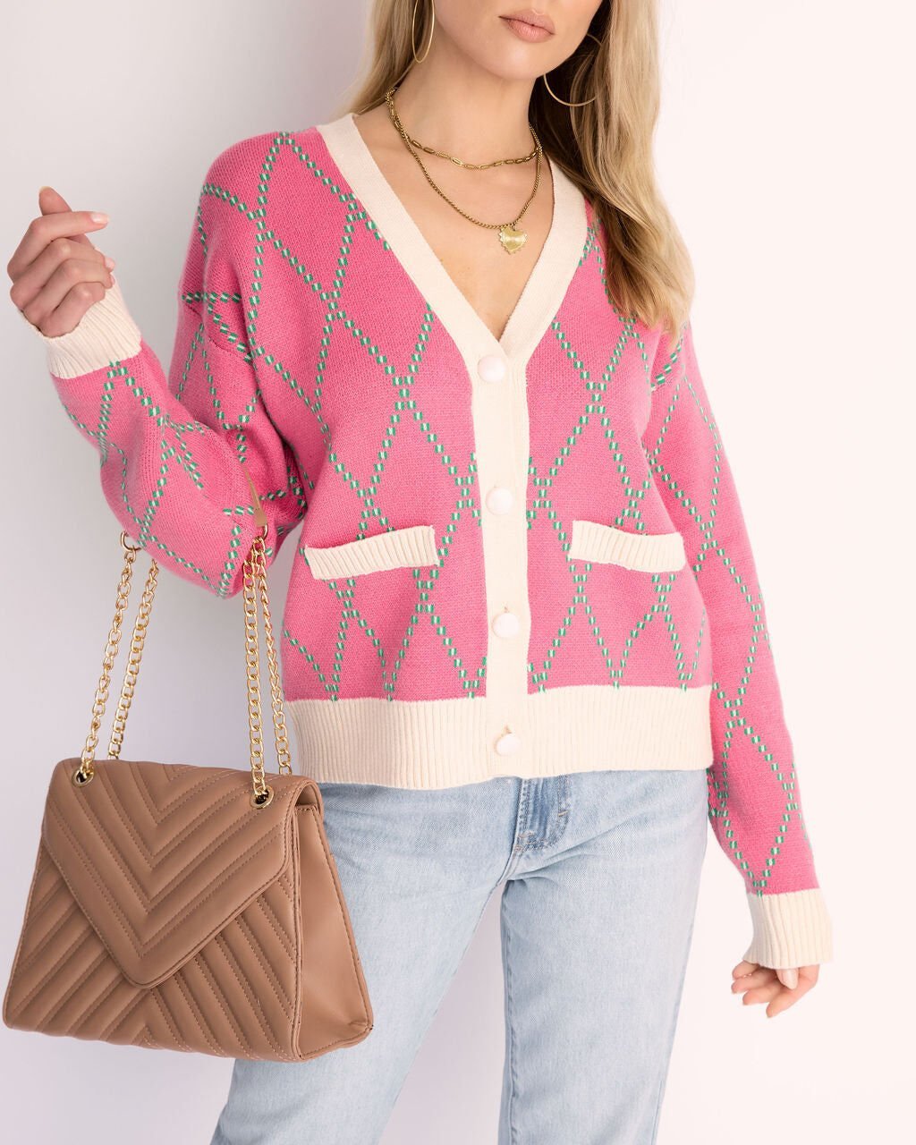 PINK-ECRU-PLAID CARDIGAN