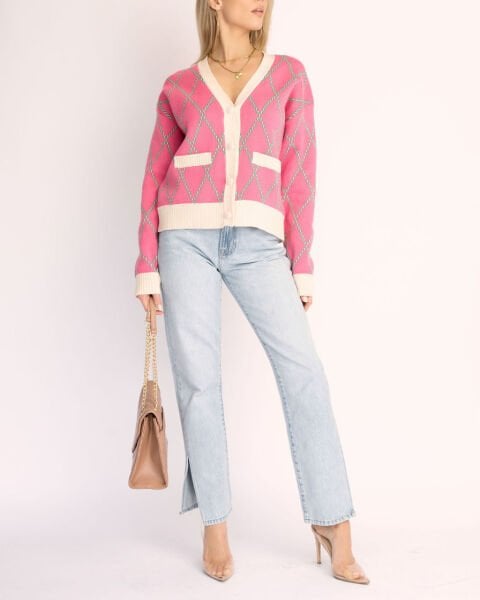 PINK-ECRU-PLAID CARDIGAN