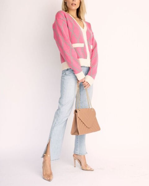 PINK-ECRU-PLAID CARDIGAN