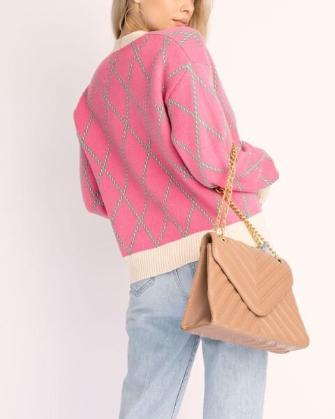 PINK-ECRU-PLAID CARDIGAN