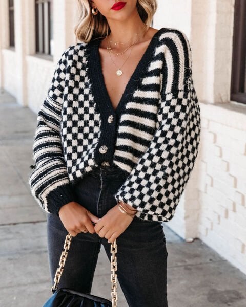BLACK-ECRU-STRIPED CARDIGAN