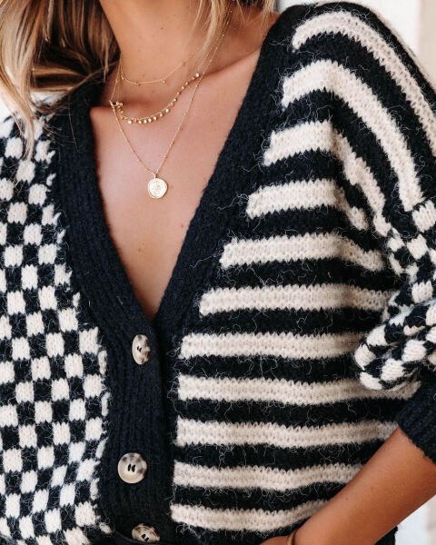 BLACK-ECRU-STRIPED CARDIGAN
