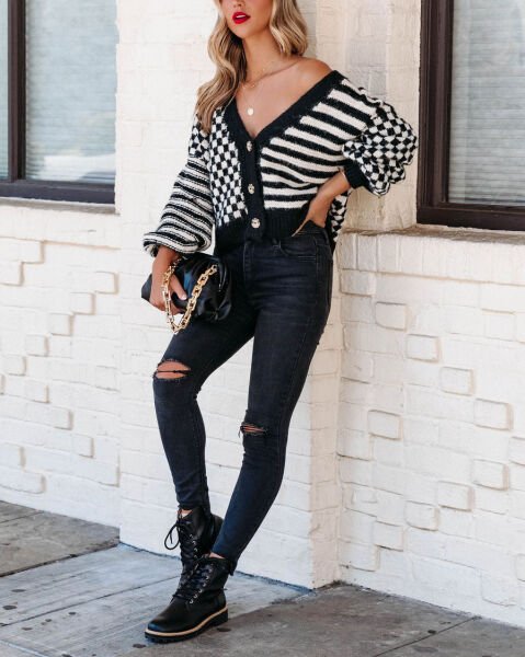 BLACK-ECRU-STRIPED CARDIGAN