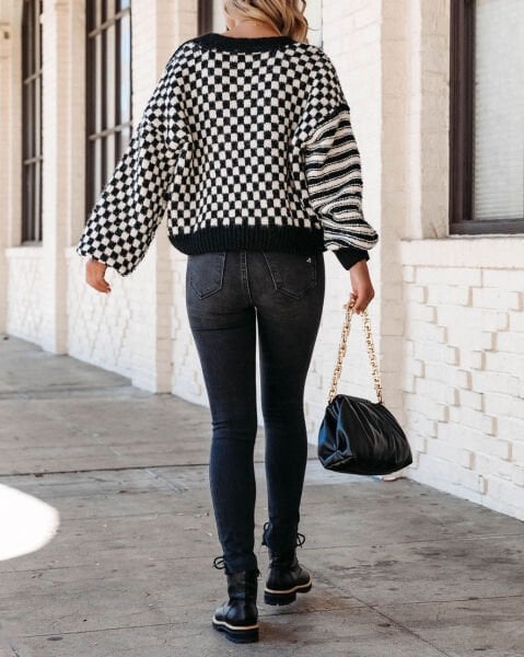 BLACK-ECRU-STRIPED CARDIGAN