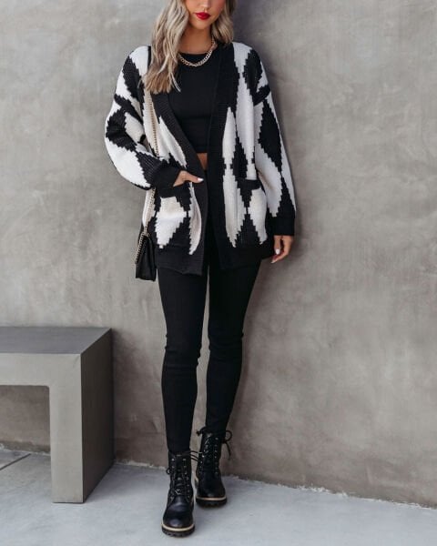 BLACK-ECRU-PLAID CARDIGAN