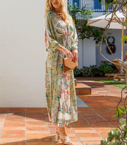 Dress Ecru-Green-Patterned Nd25186