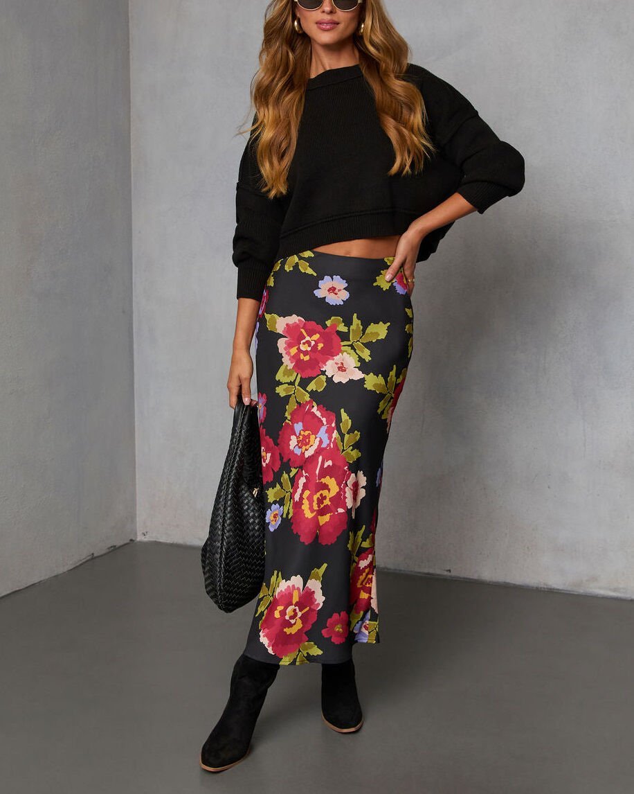 BLACK-RED-FLORAL SKIRT