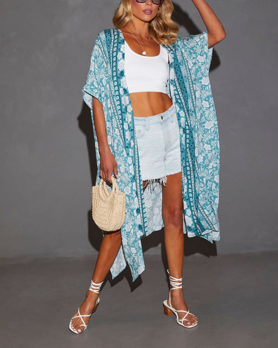 BLUE-ECRU-FLORAL KIMONO