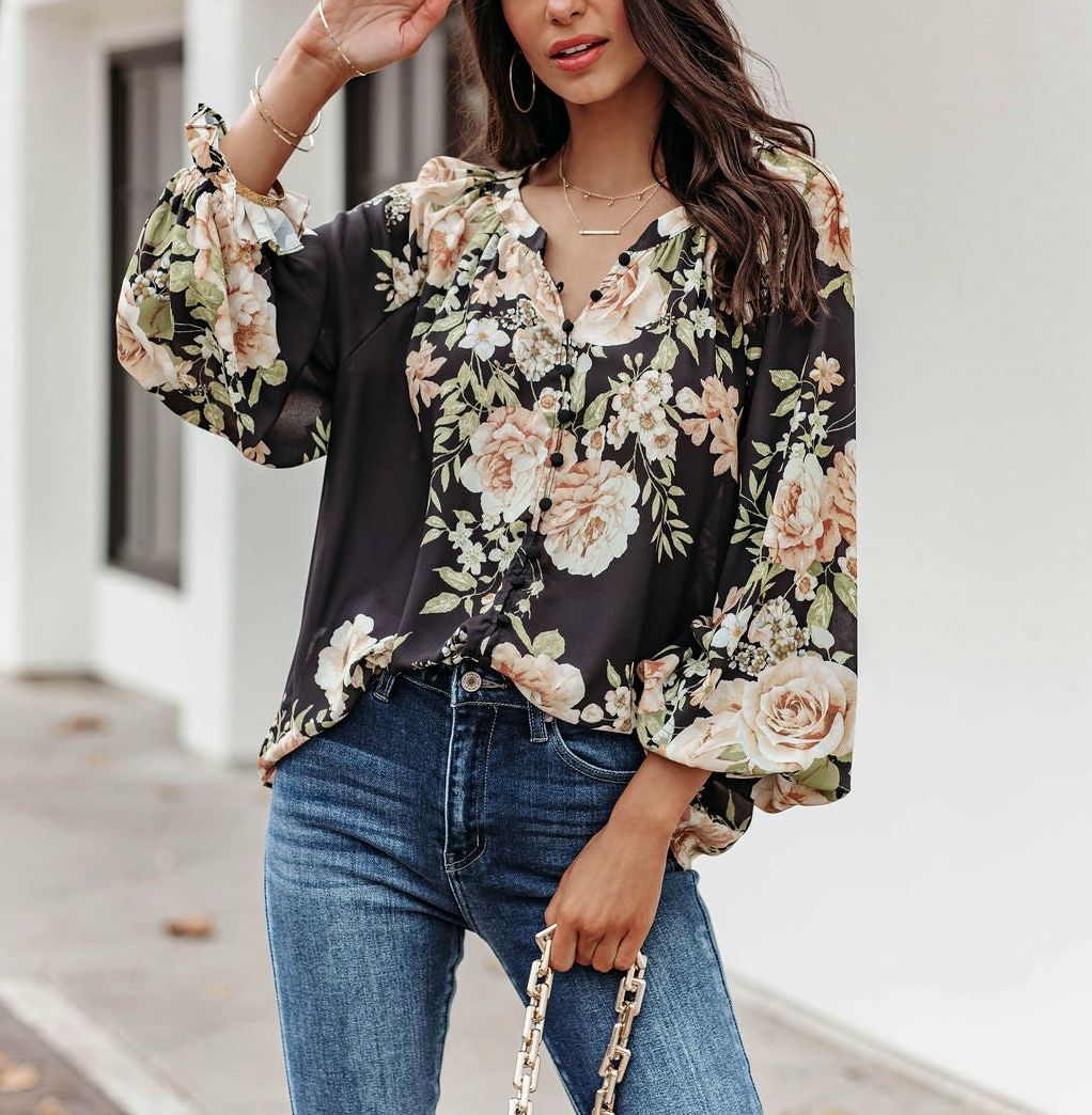 BLACK-ECRU-FLORAL SHIRT