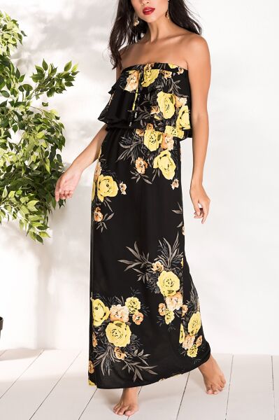 BLACK-YELLOW-FLORAL DRESS L - BLACK-YELLOW-FLORAL