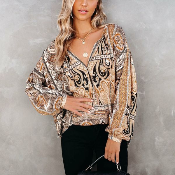 BROWN-PATTERNED BLOUSE