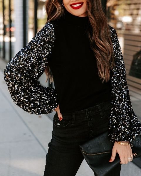 Black-Sequıned Blouse