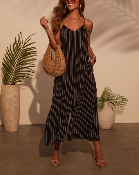 BLACK-BEIGE-STRIPED JUMPSUIT