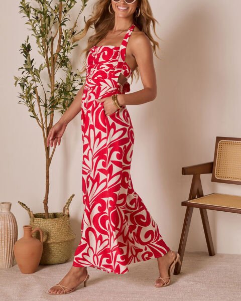 RED-ECRU-FLORAL JUMPSUIT