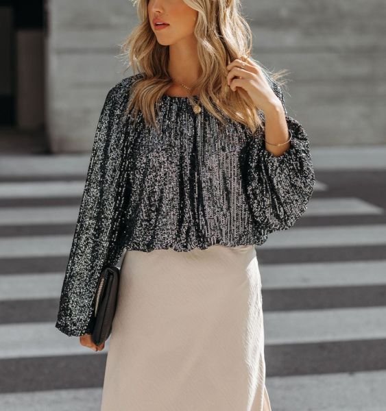 Grey-Sequıned Blouse