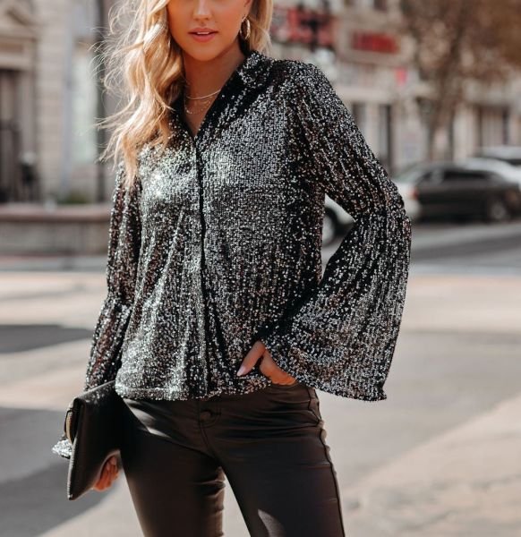Grey-Sequıned Shırt