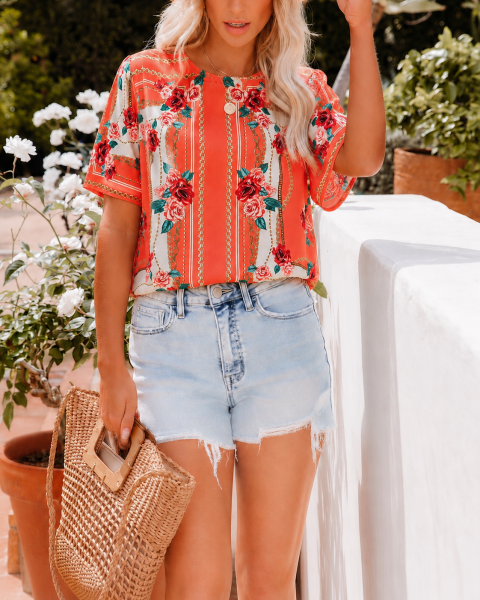 ORANGE-FLORAL BLOUSE M - ORANGE-FLORAL