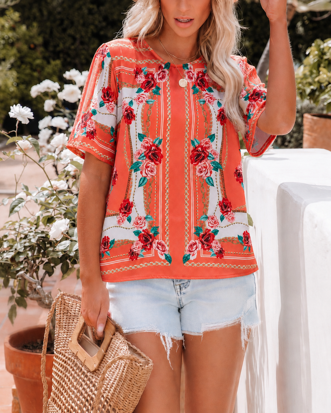 ORANGE-FLORAL BLOUSE M - ORANGE-FLORAL