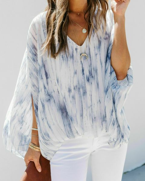 Blouse Ecru-Blue-Batık Nd20967