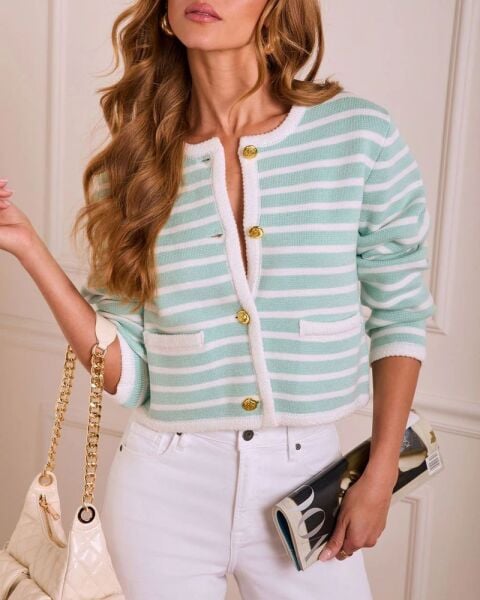MINT-ECRU-STRIPED CARDIGAN