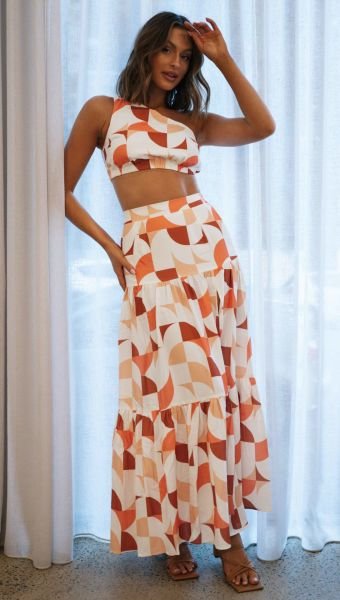 ECRU-TILE-PRINTED SKIRT-TOP-SET