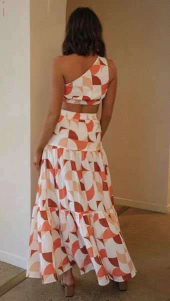 ECRU-TILE-PRINTED SKIRT-TOP-SET