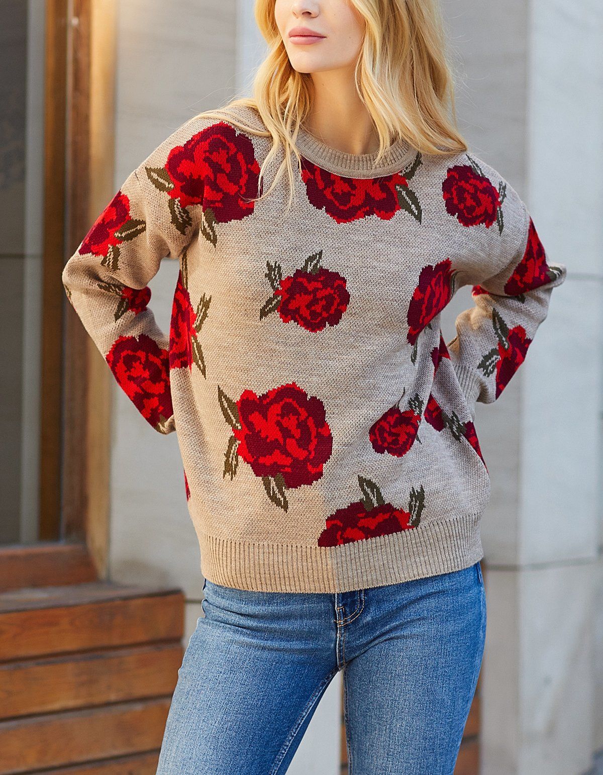 Stone-Red-Floral Sweater