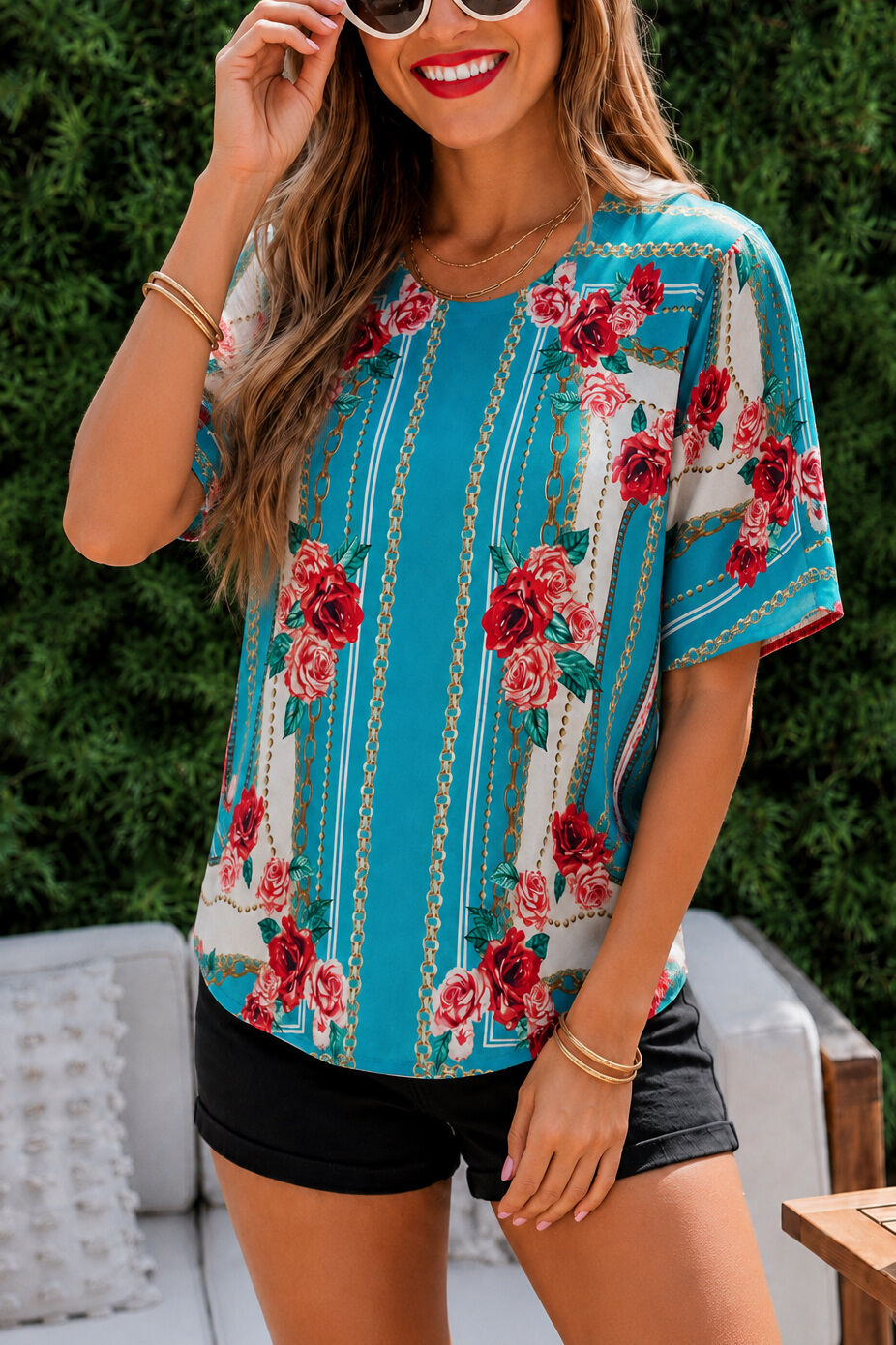 AZURE-BLUE-FLORAL BLOUSE L - AZURE-BLUE-FLORAL