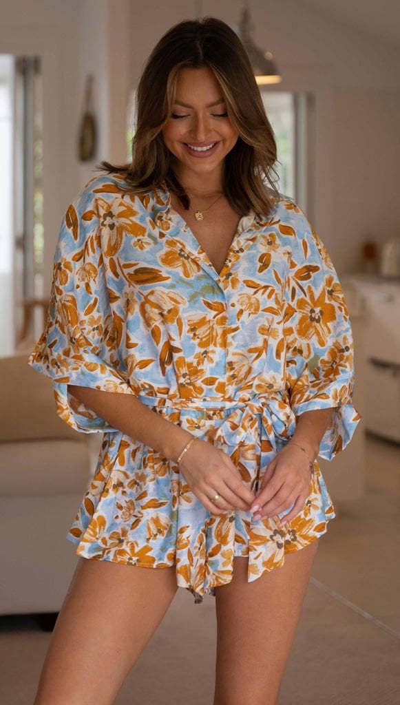 BLUE-MUSTARD-FLORAL ROMPER