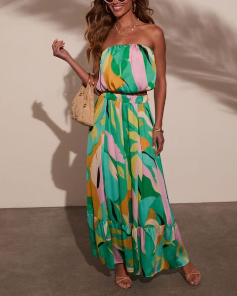 GREEN-PINK-PRINTED CROP-TOP-SKIRT-SET