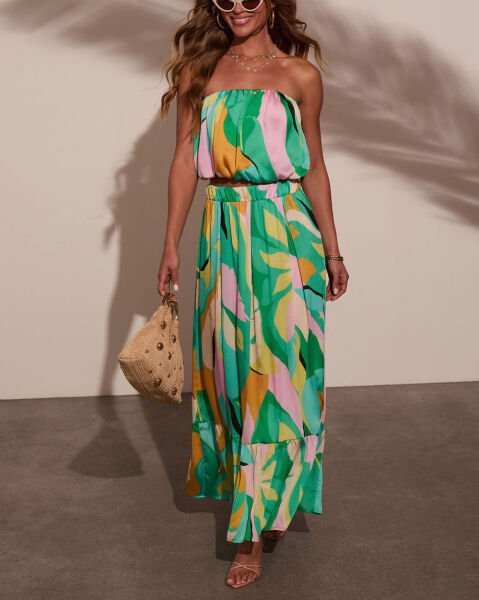 GREEN-PINK-PRINTED CROP-TOP-SKIRT-SET
