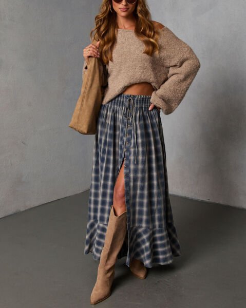 NAVY-STONE-PLAID SKIRT XL - NAVY-STONE-PLAID