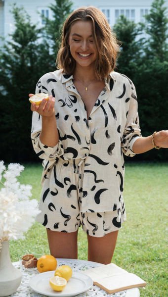 ECRU-BLACK-PRINTED BLUZ VE ŞORT İKİLİ TAKIM