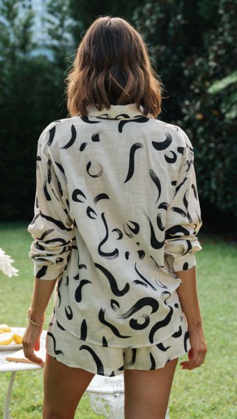 ECRU-BLACK-PRINTED BLUZ VE ŞORT İKİLİ TAKIM