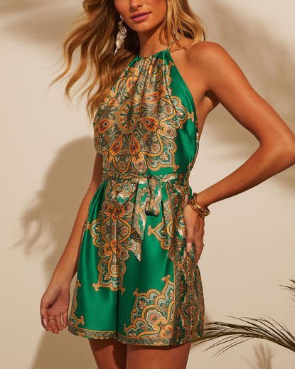 GREEN-BEIGE-PRINTED ROMPER