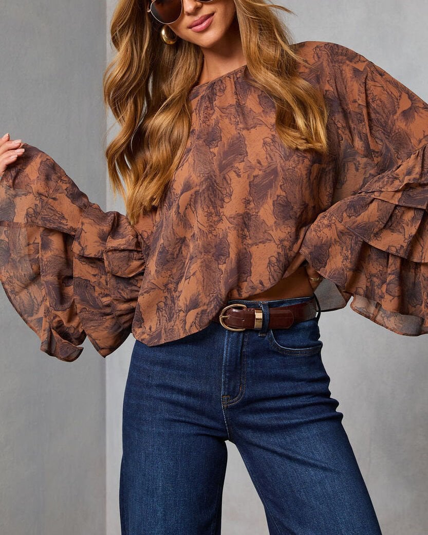 BROWN-PRINTED BLOUSE M - BROWN-PRINTED