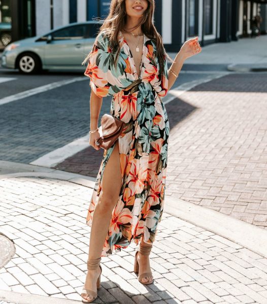 Dress Black-Salmon-Floral Nd23795
