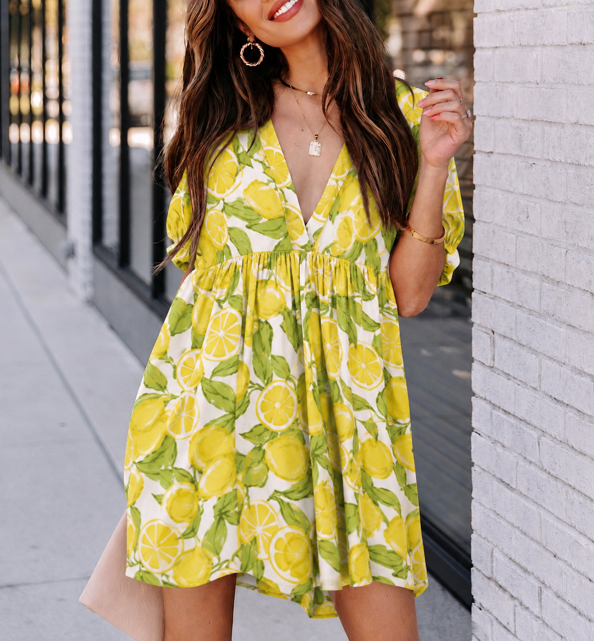 ECRU-LEMON-PRINTED DRESS L - ECRU-LEMON-PRINTED