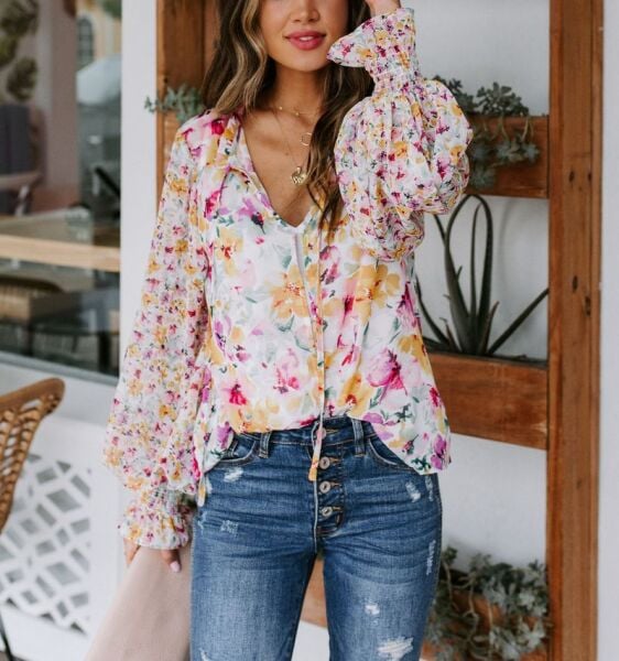 ECRU-FLORAL BLOUSE