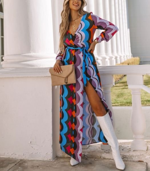 BLUE-RED-PRINTED ELBİSE