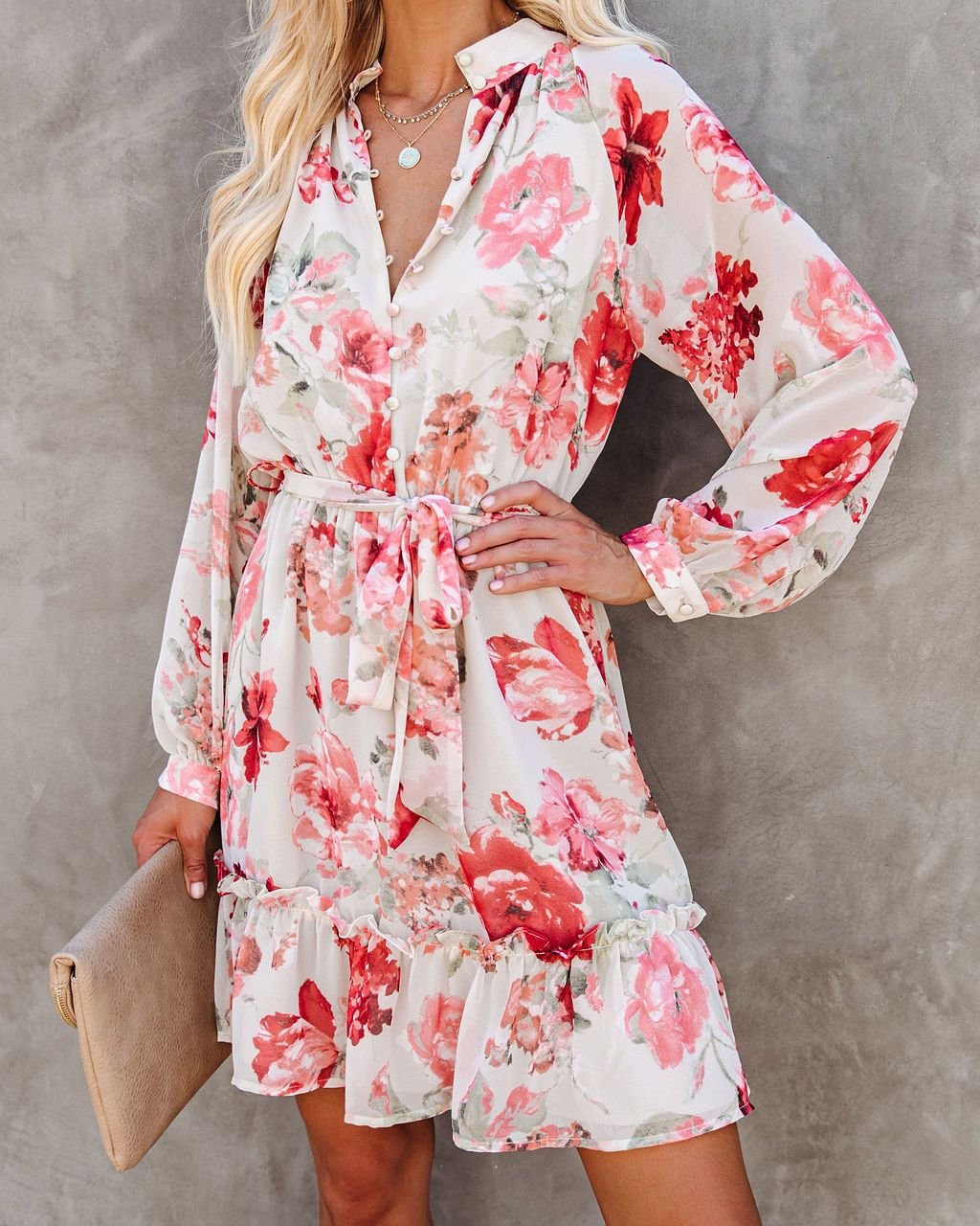 ECRU-PINK-FLORAL ELBİSE