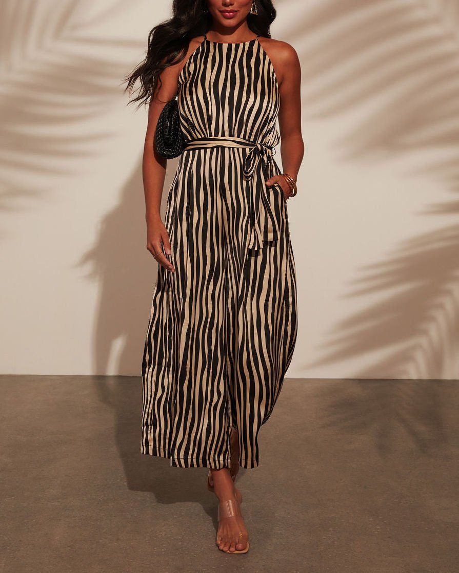 BLACK-BEIGE-STRIPED JUMPSUIT