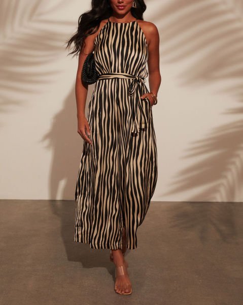 BLACK-BEIGE-STRIPED JUMPSUIT