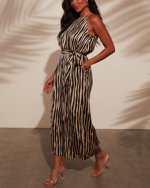 BLACK-BEIGE-STRIPED JUMPSUIT
