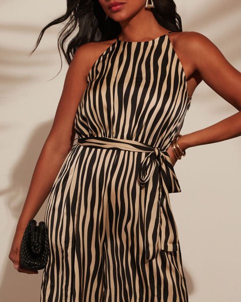 BLACK-BEIGE-STRIPED JUMPSUIT