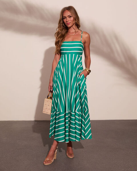 GREEN-WHITE-STRIPED DRESS M - GREEN-WHITE-STRIPED