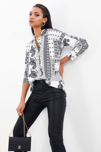 Shırt Ecru-Black-Patterned Nd24455