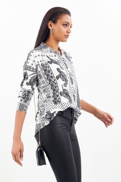 Shırt Ecru-Black-Patterned Nd24455